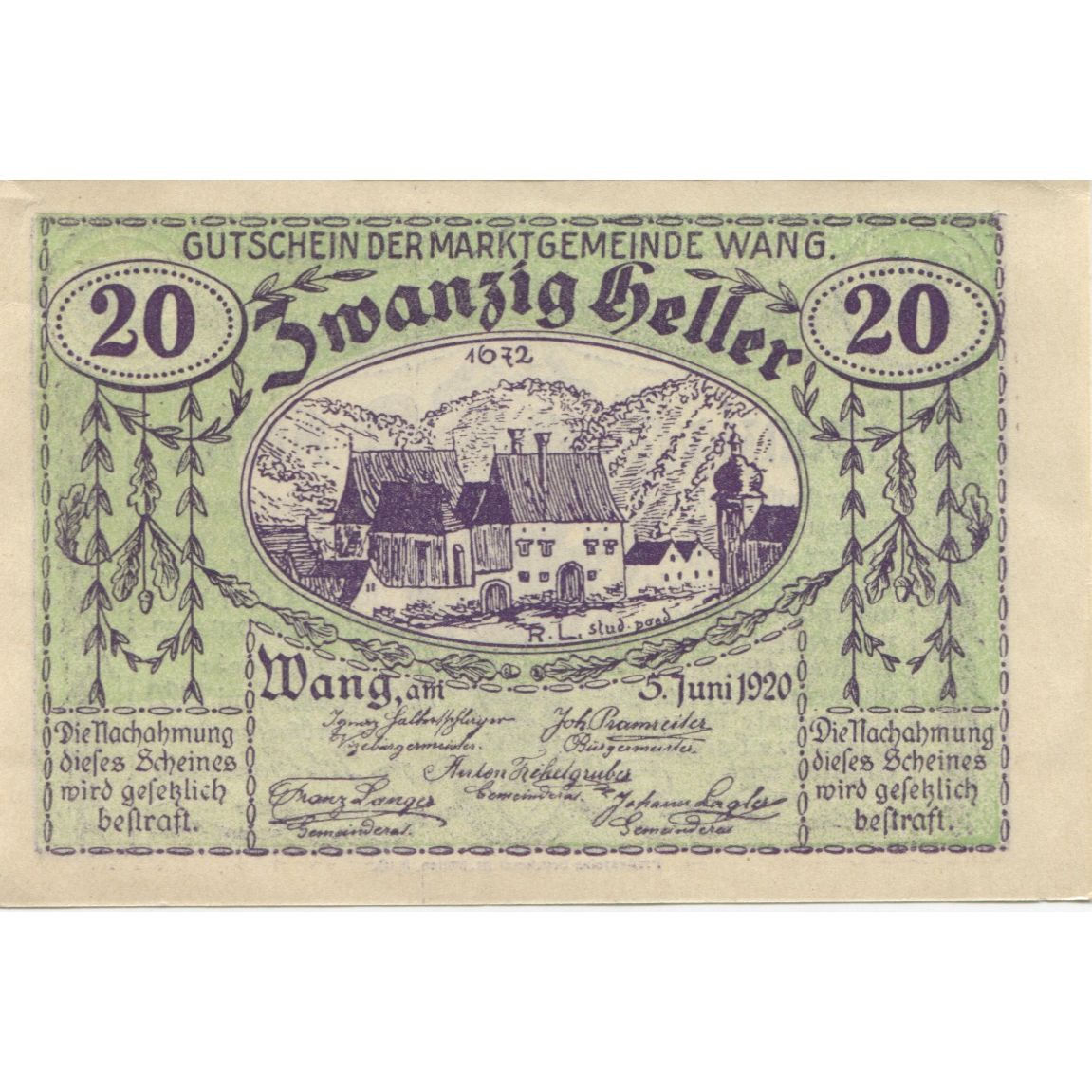 Billete, Austria, Wang, 20 Heller, village, 1920, 1920-06-05, SC, Mehl:FS 36a