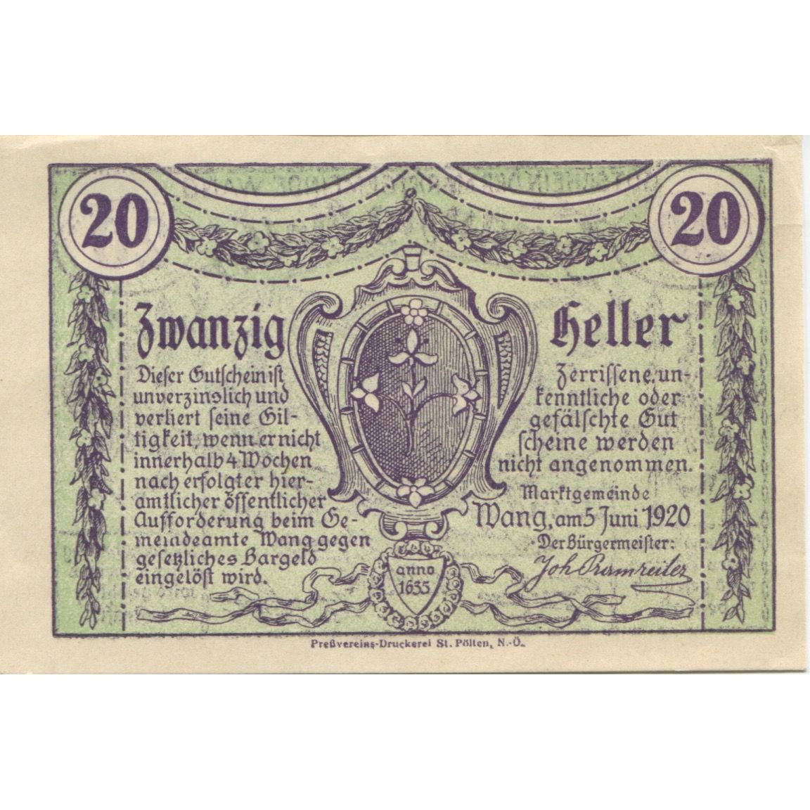 Billete, Austria, Wang, 20 Heller, village, 1920, 1920-06-05, SC, Mehl:FS 36a