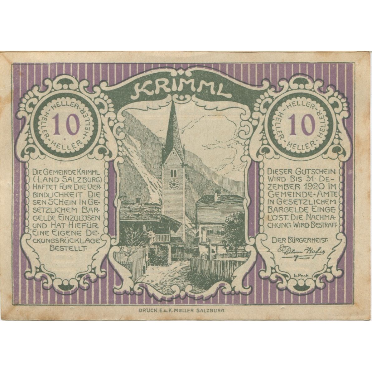 Billete, Austria, Krimml, 10 Heller, Eglise 1920-12-31, MBC+, Mehl:FS 483c