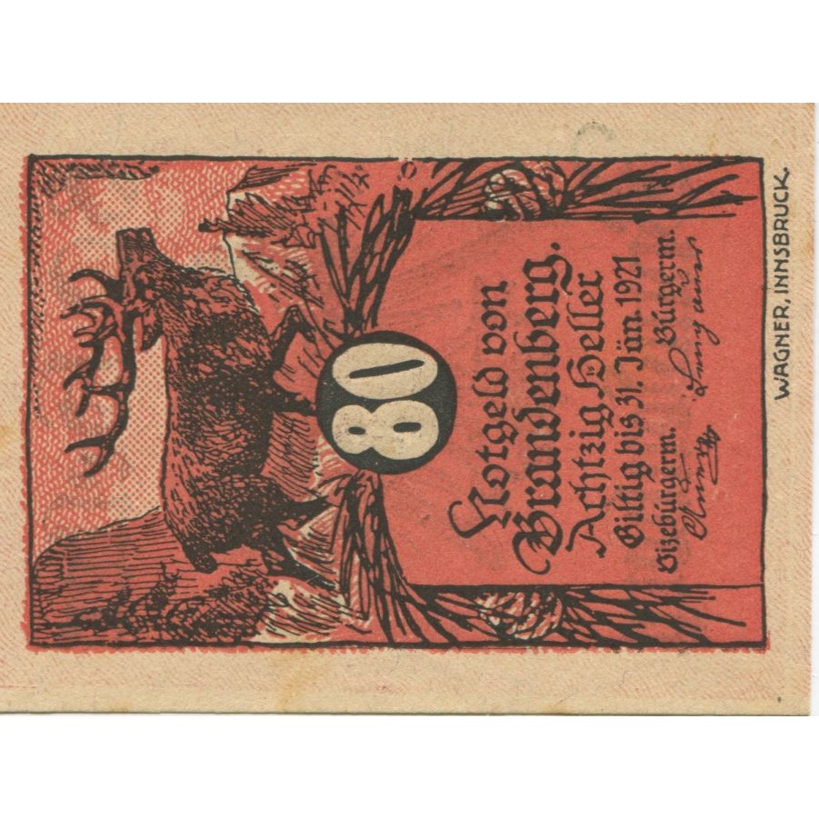 Billete, Austria, Brandenberg, 80 Heller, cerf, 1920-12-31, EBC Mehl:FS 99a