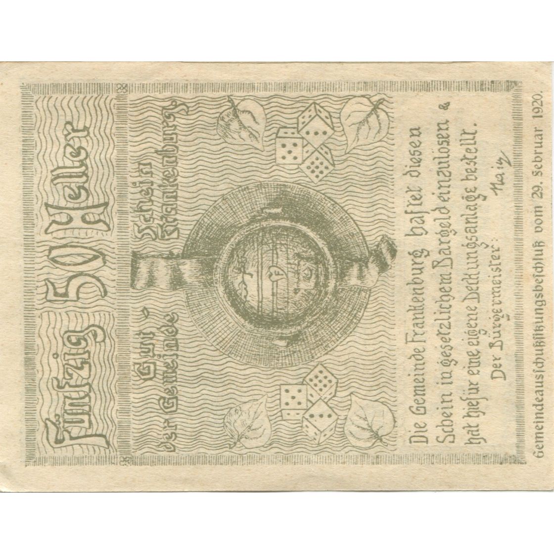 Billete, Austria, Frankenburg, 50 Heller, jeu 1920-12-31, SC Mehl:FS 211Ib