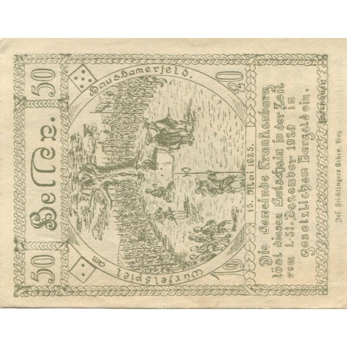 Billete, Austria, Frankenburg, 50 Heller, jeu 1920-12-31, SC Mehl:FS 211Ib