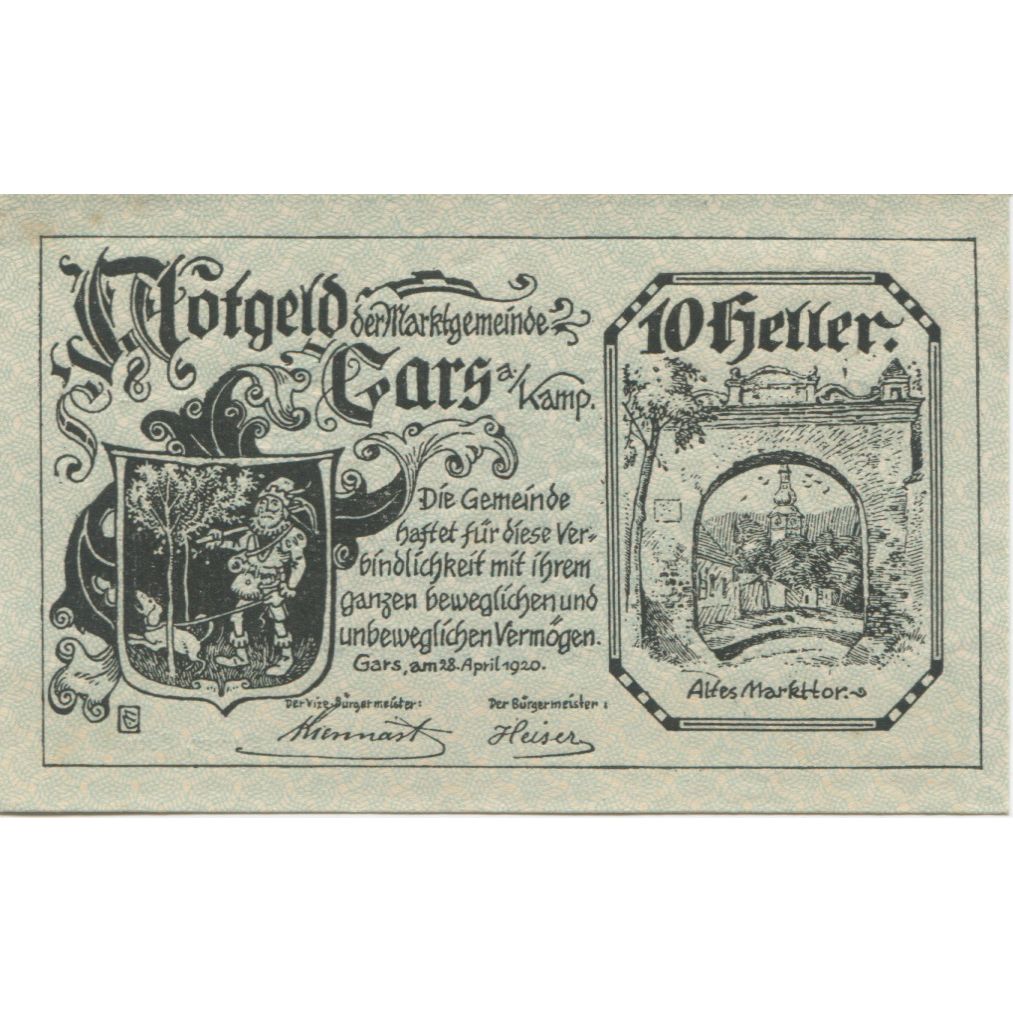 Billete, Austria, Gars am Kamp, 10 Heller, Blason 1920-12-31, SC, Mehl:FS 222a