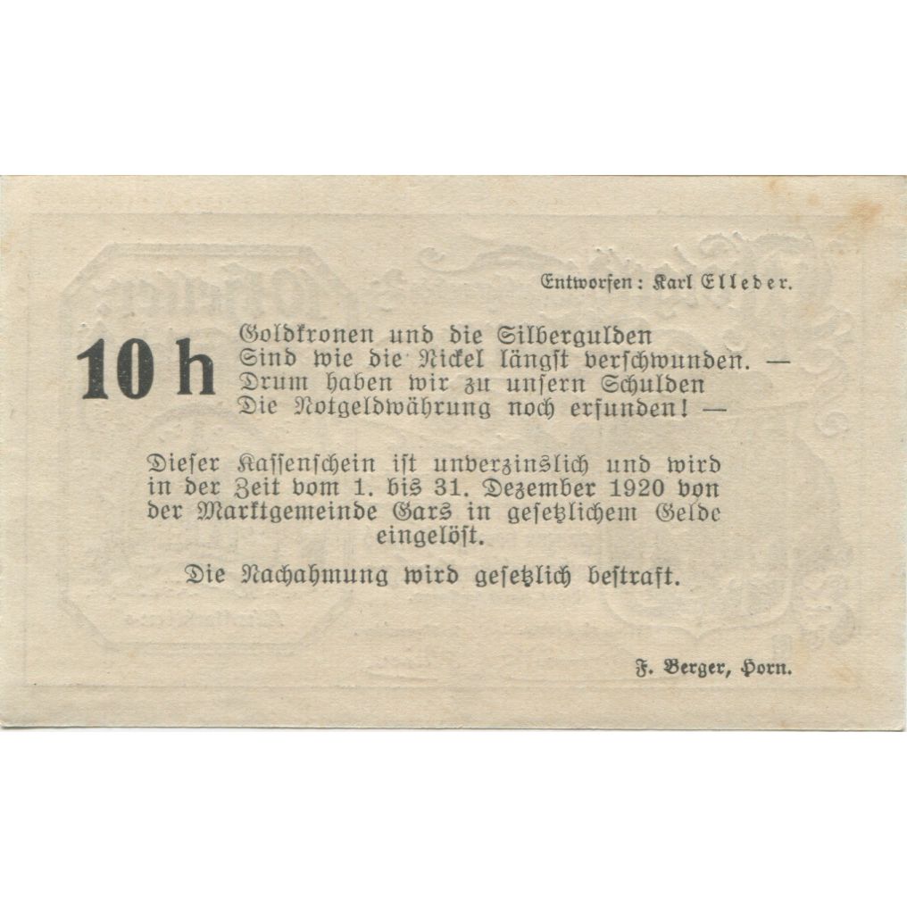Billete, Austria, Gars am Kamp, 10 Heller, Blason 1920-12-31, SC, Mehl:FS 222a