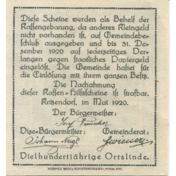 Billete, Austria, Kritzendorf, 10 Heller, parc 1920-12-31, SC, Mehl:FS 484a