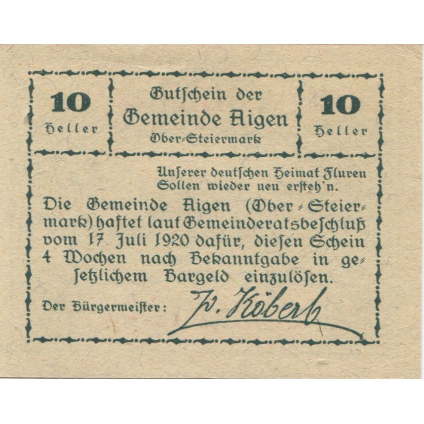 Billete, Austria, Aigen, 10 Heller, paysage, 1920, 1920-07-17, SC, Mehl:FS 14a