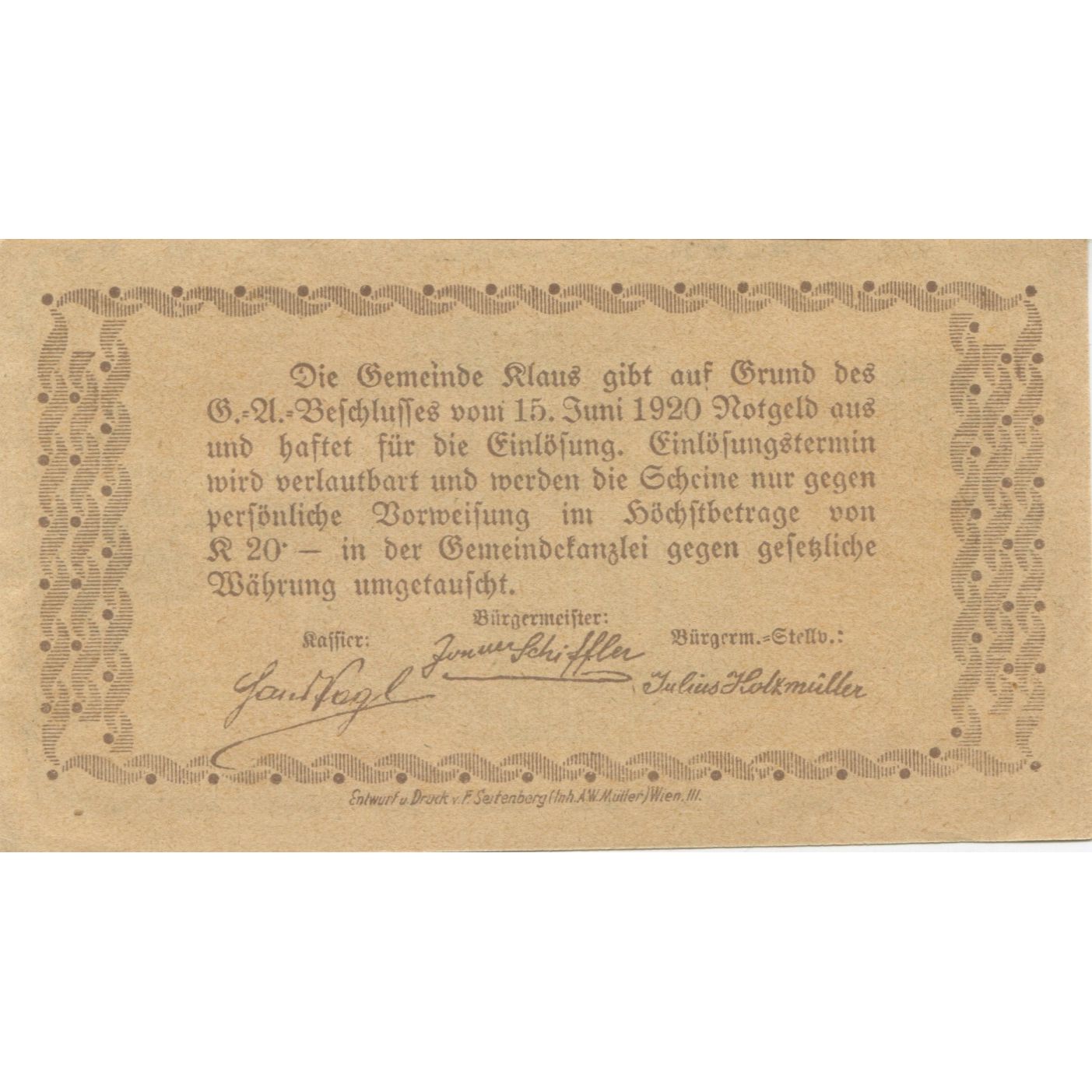 Billete, Austria, Klaus, 30 Heller, paysage, 1920, 1920-06-15, SC, Mehl:FS 454