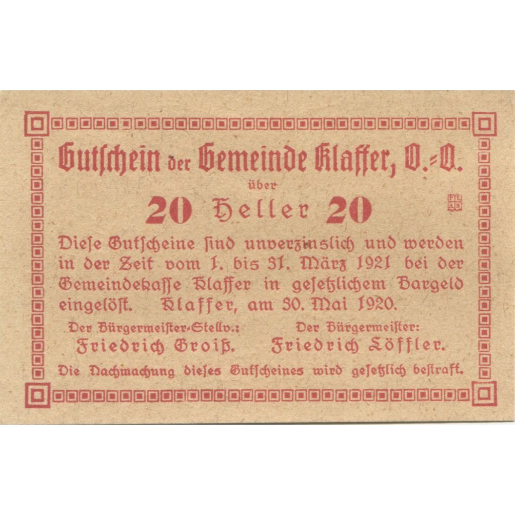 Billete, Austria, Klaffer, 20 Heller, rue, 1921, 1921-03-31, SC, Mehl:FS 450a