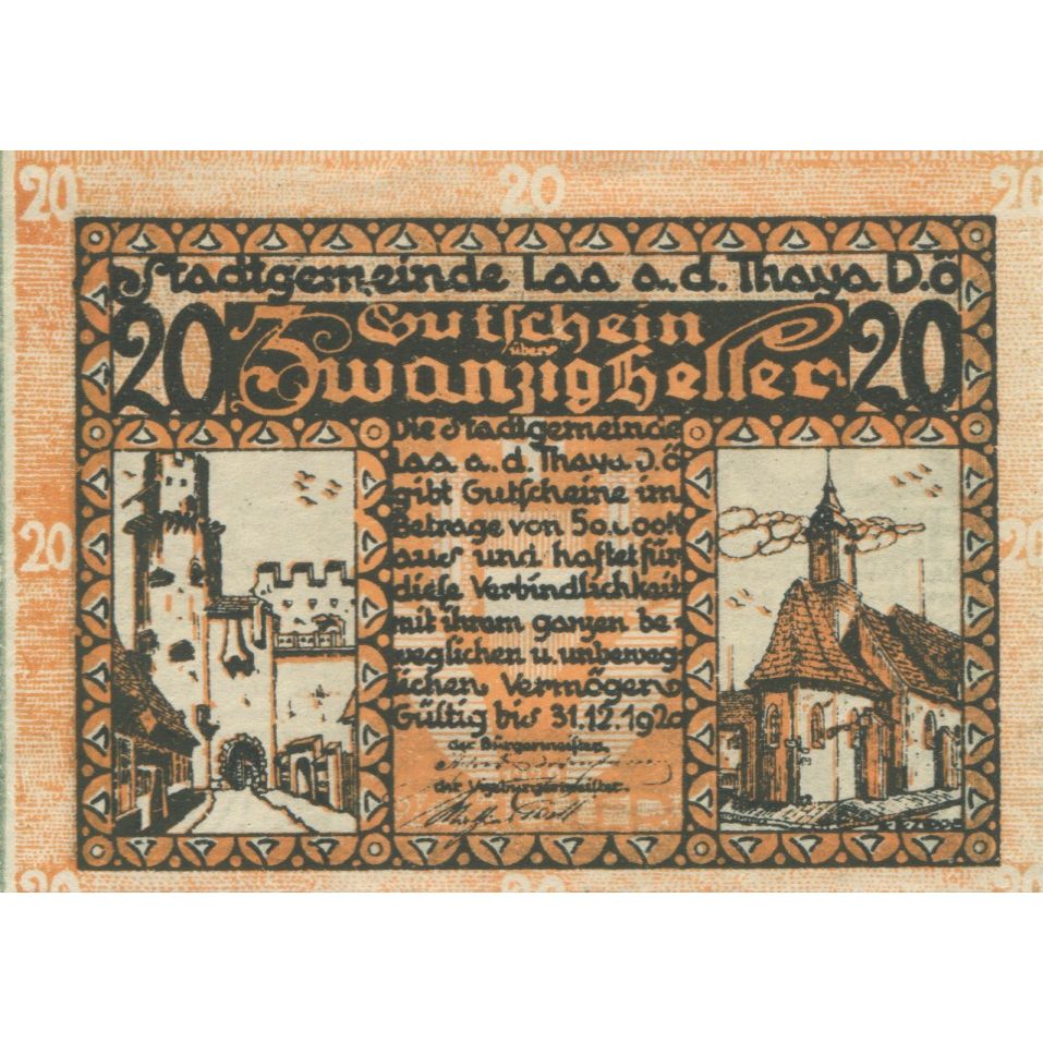 Billete, Austria, Laa a/d Thaya, 20 Heller, Eglise, 1920, SC Mehl:FS 494