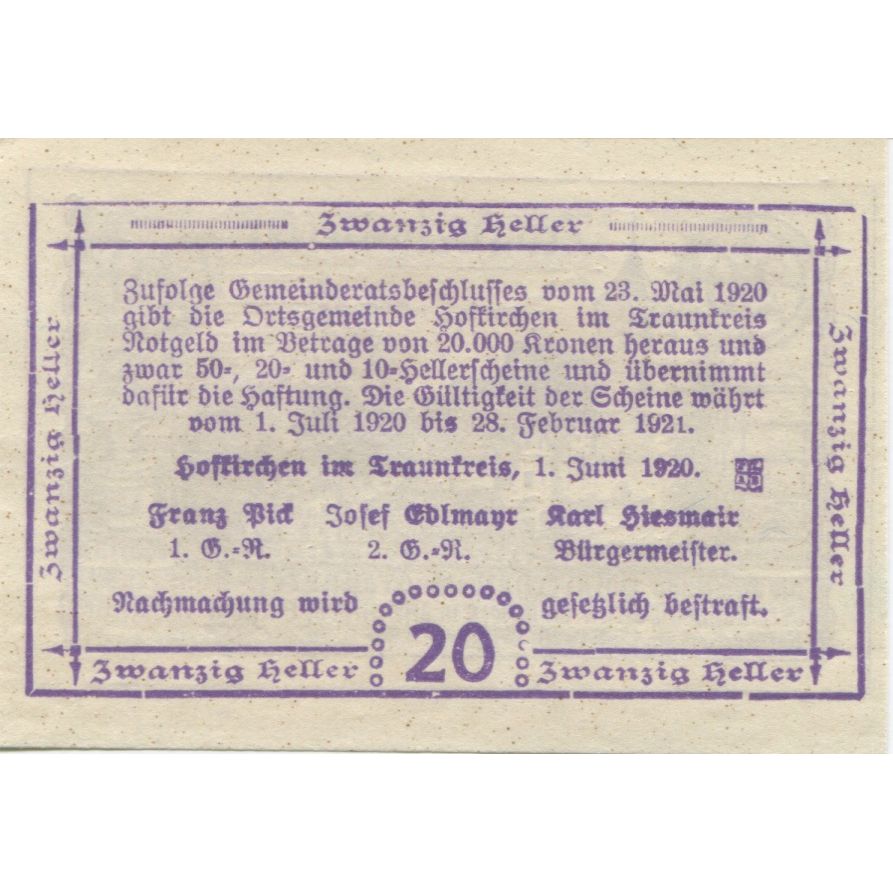 Billete, Austria, Traun, 20 Heller, village, 1921, 1921-02-28, SC, Mehl:FS 387I