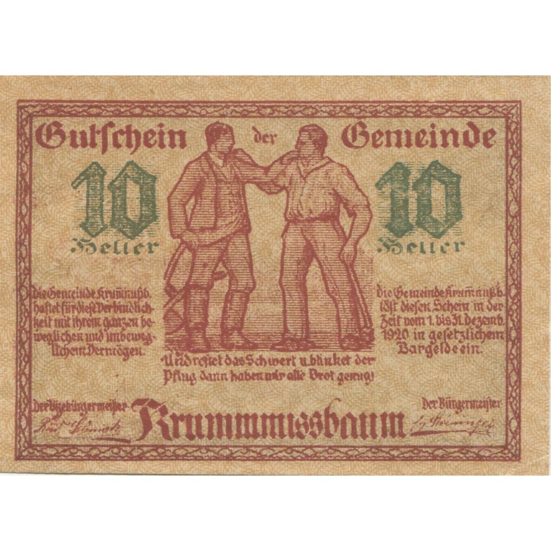 Billete, Austria, Krummnusbaum, 10 Heller, arbre 1920-12-31, SC Mehl:FS 488Ia