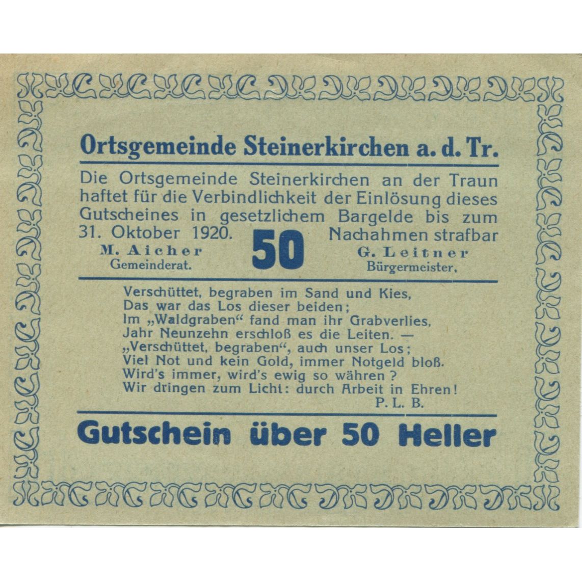 Billete, Austria, Steinerkirchen, 50 Heller, personnage, 1920 SC Mehl:FS 1029