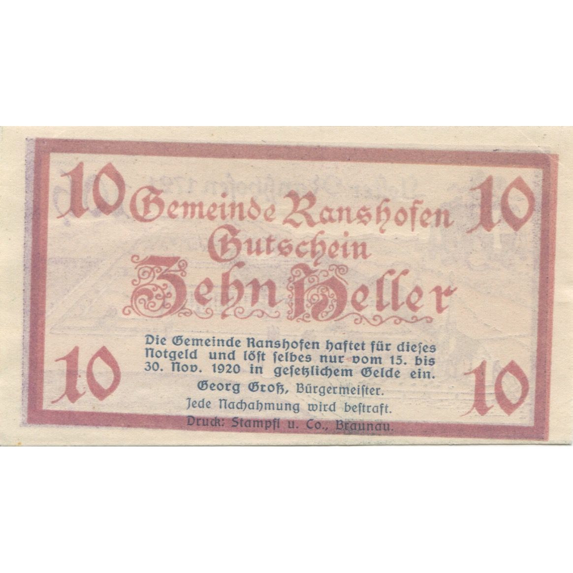 Billete, Austria, Ranshofen, 10 Heller, château, 1920 SC, Mehl:FS 819Aa
