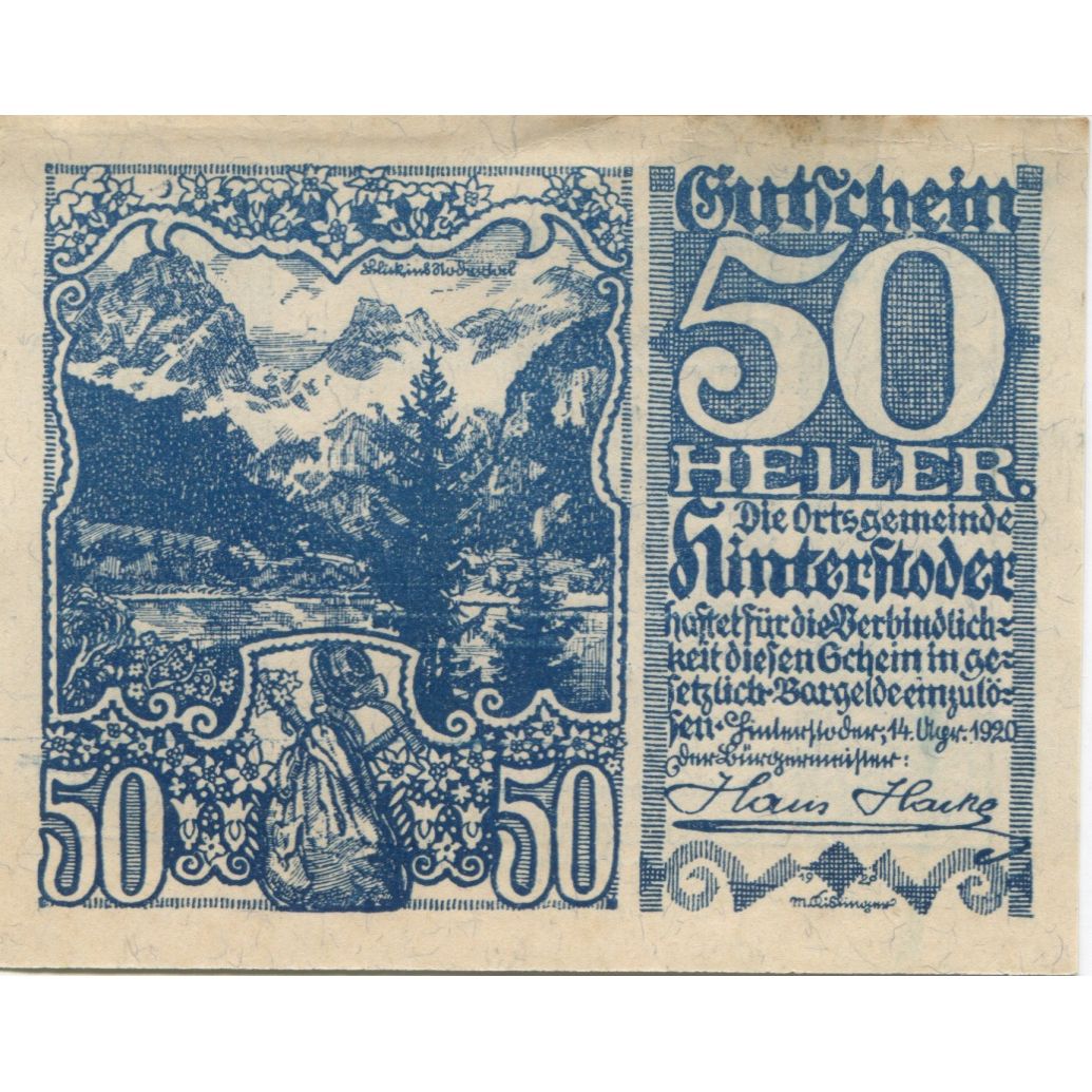 Billete, Austria, Hinterstoder, 50 Heller, montagne, 1920 EBC Mehl:FS 377c