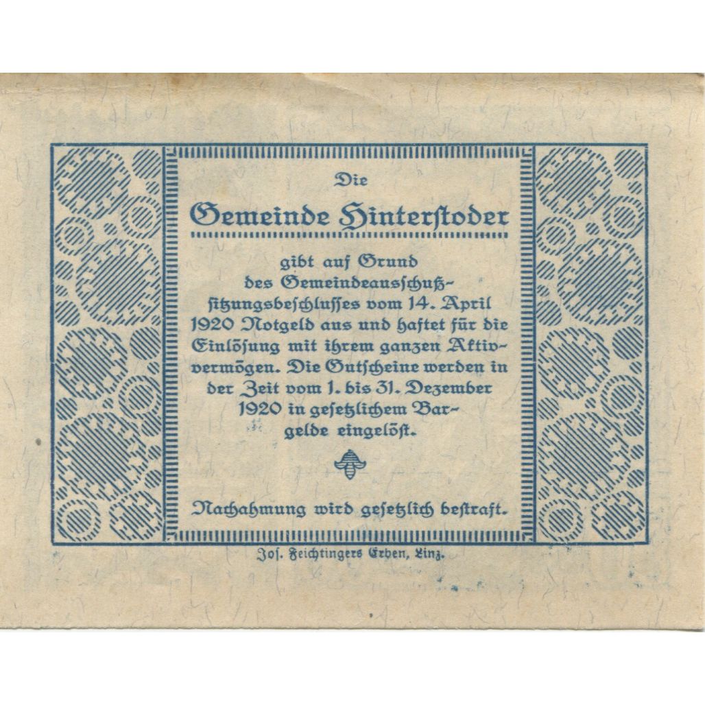 Billete, Austria, Hinterstoder, 50 Heller, montagne, 1920 EBC Mehl:FS 377c