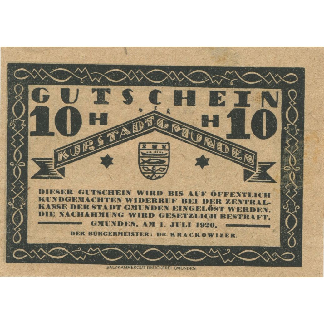 Billete, Austria, Gmunden, 10 Heller, paysage 1920-07-01, SC, Mehl:FS 240I