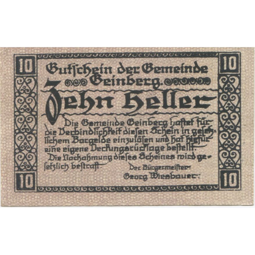 Billete, Austria, Geinberg, 10 Heller, Eglise, 1920, 1920-08-31, SC, Mehl:FS 228