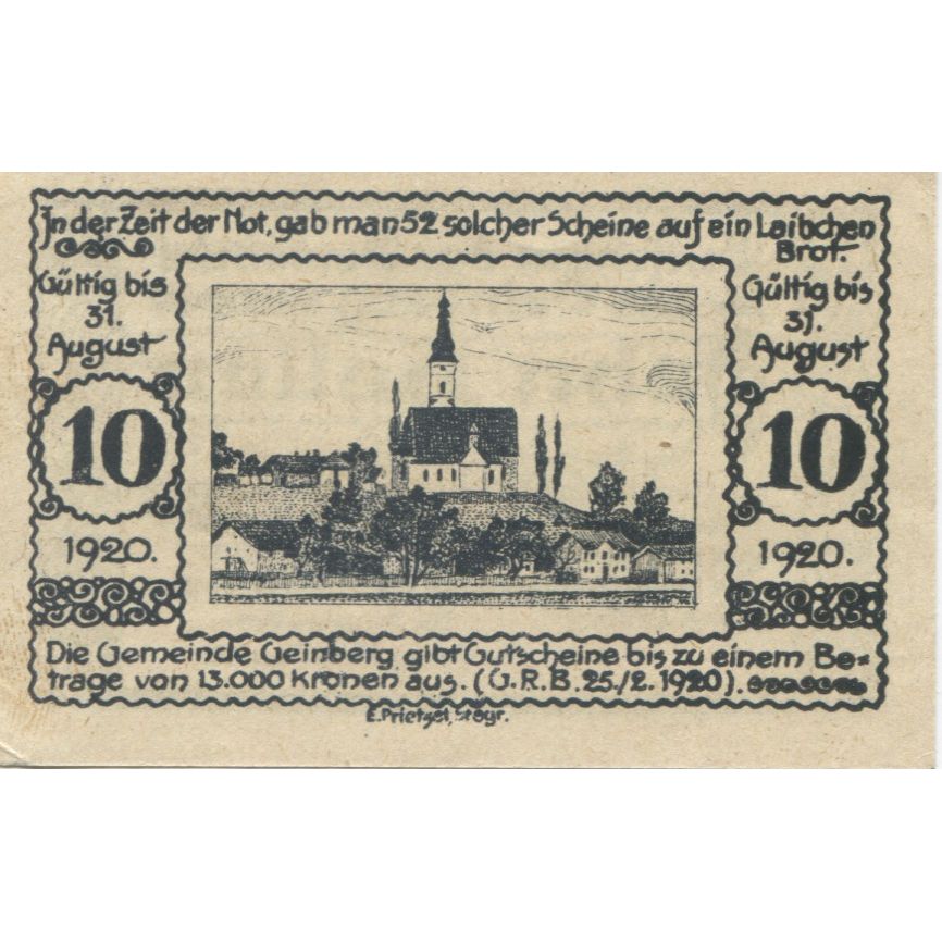 Billete, Austria, Geinberg, 10 Heller, Eglise, 1920, 1920-08-31, SC, Mehl:FS 228
