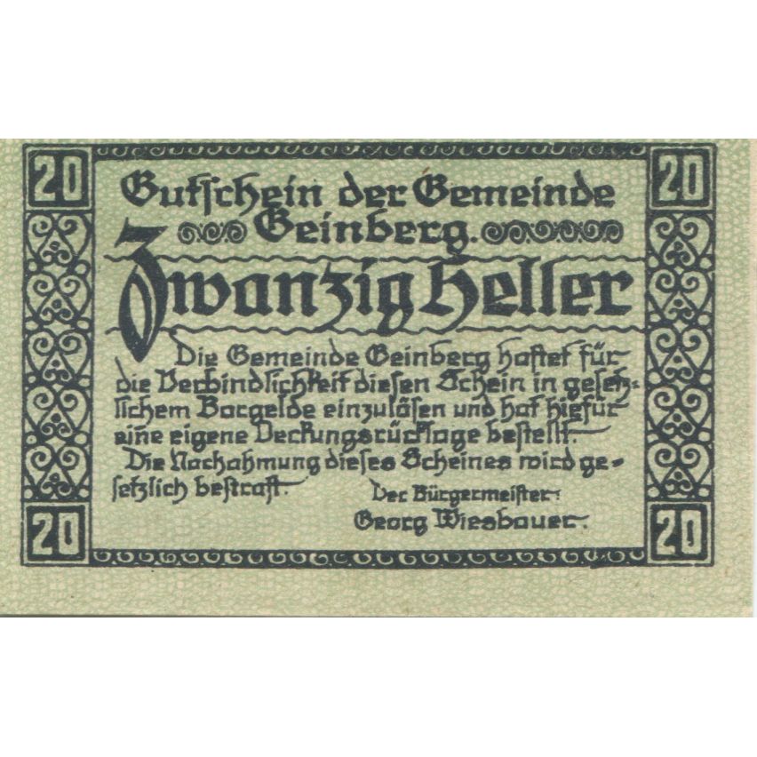 Billete, Austria, Geinberg, 20 Heller, valeur faciale, 1920 SC Mehl:FS 228