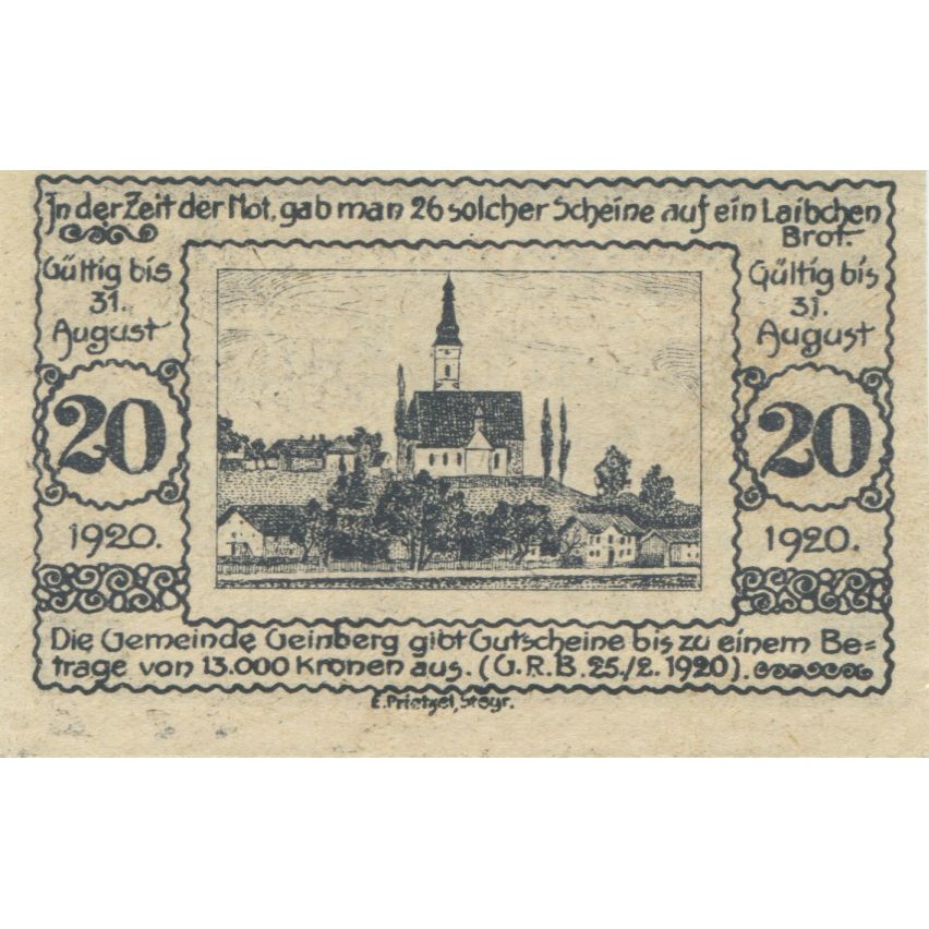 Billete, Austria, Geinberg, 20 Heller, valeur faciale, 1920 SC Mehl:FS 228