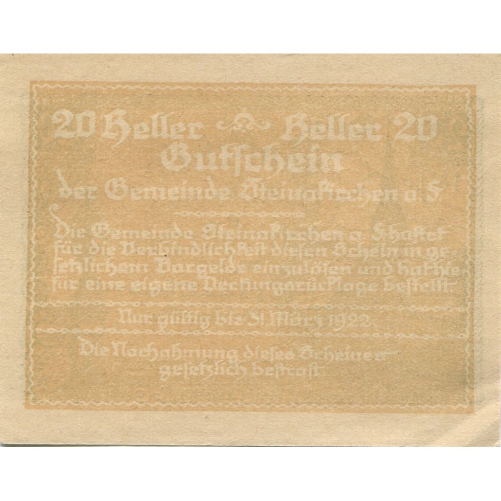Billete, Austria, Steinakirchen 20 Heller, Eglise, 1922 SC Mehl:FS 1017I