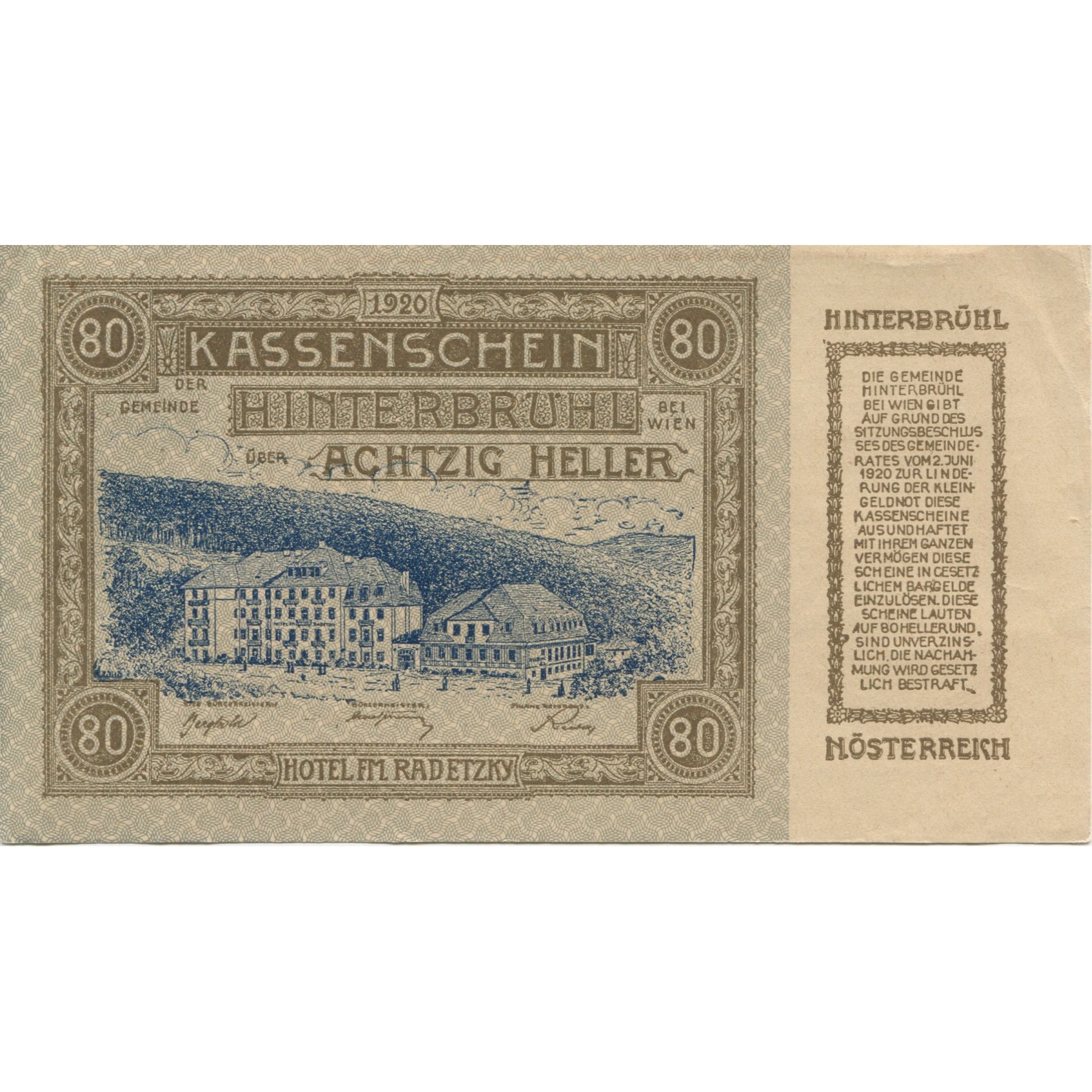 Billete, Austria, Hinterbrühl, 80 Heller, paysage 1920-09-30, SC Mehl:FS 376II