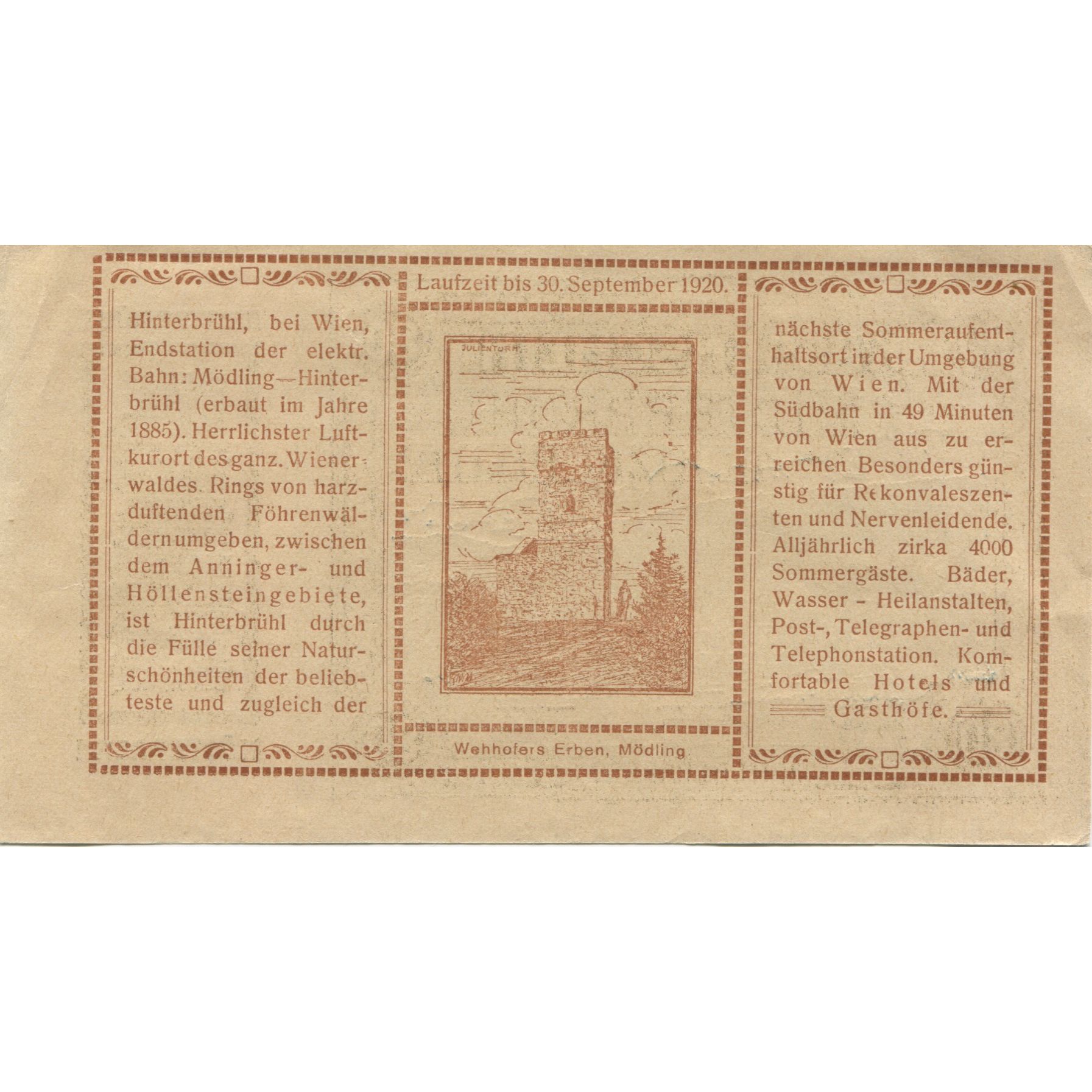 Billete, Austria, Hinterbrühl, 80 Heller, paysage 1920-09-30, SC Mehl:FS 376II