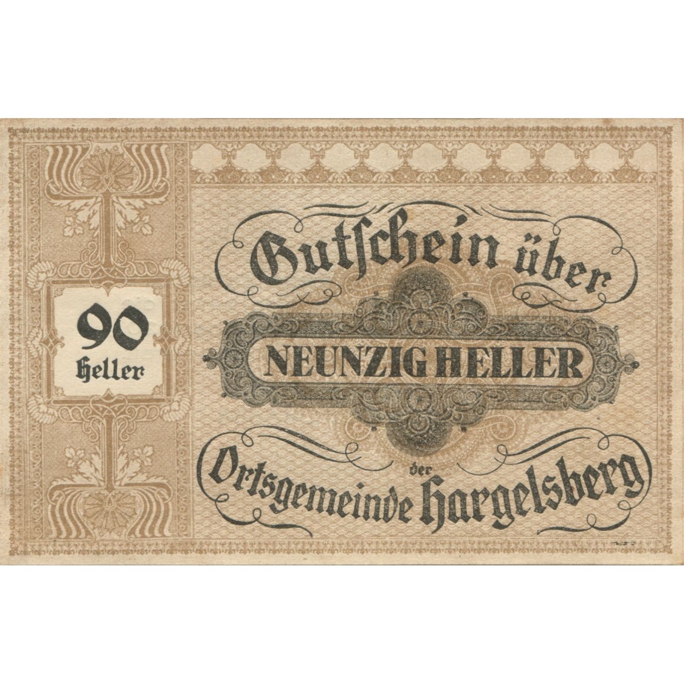 Billete, Austria, Hargelsberg, 90 Heller, texte 1, 1920-12-31, SC Mehl:FS 349IIc