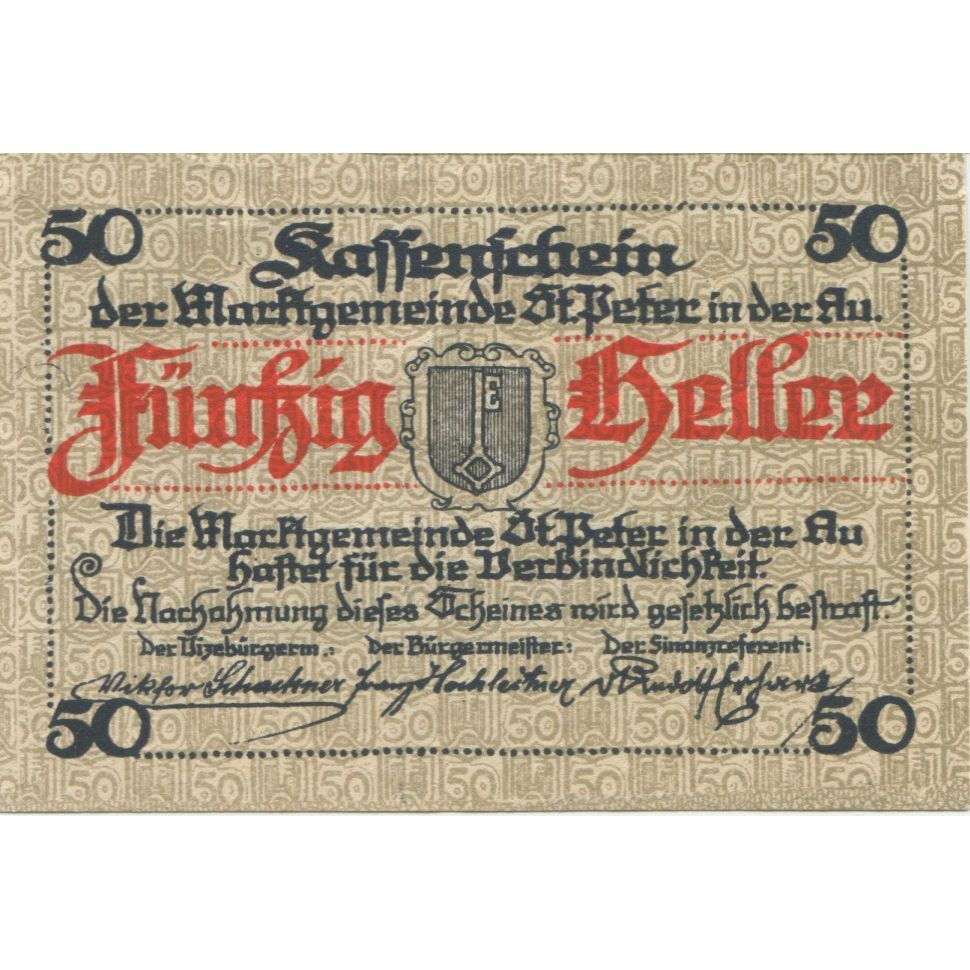 Billete, Austria, St Peter in der Au, 50 Heller, village, 1921 SC Mehl:FS 924b