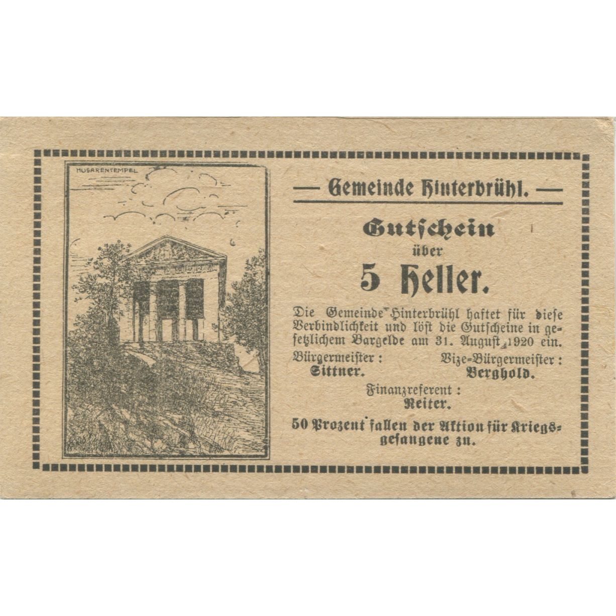 Billete, Austria, Hinterbrühl, 5 Heller, Monument, 1920 SC Mehl:FS 376III