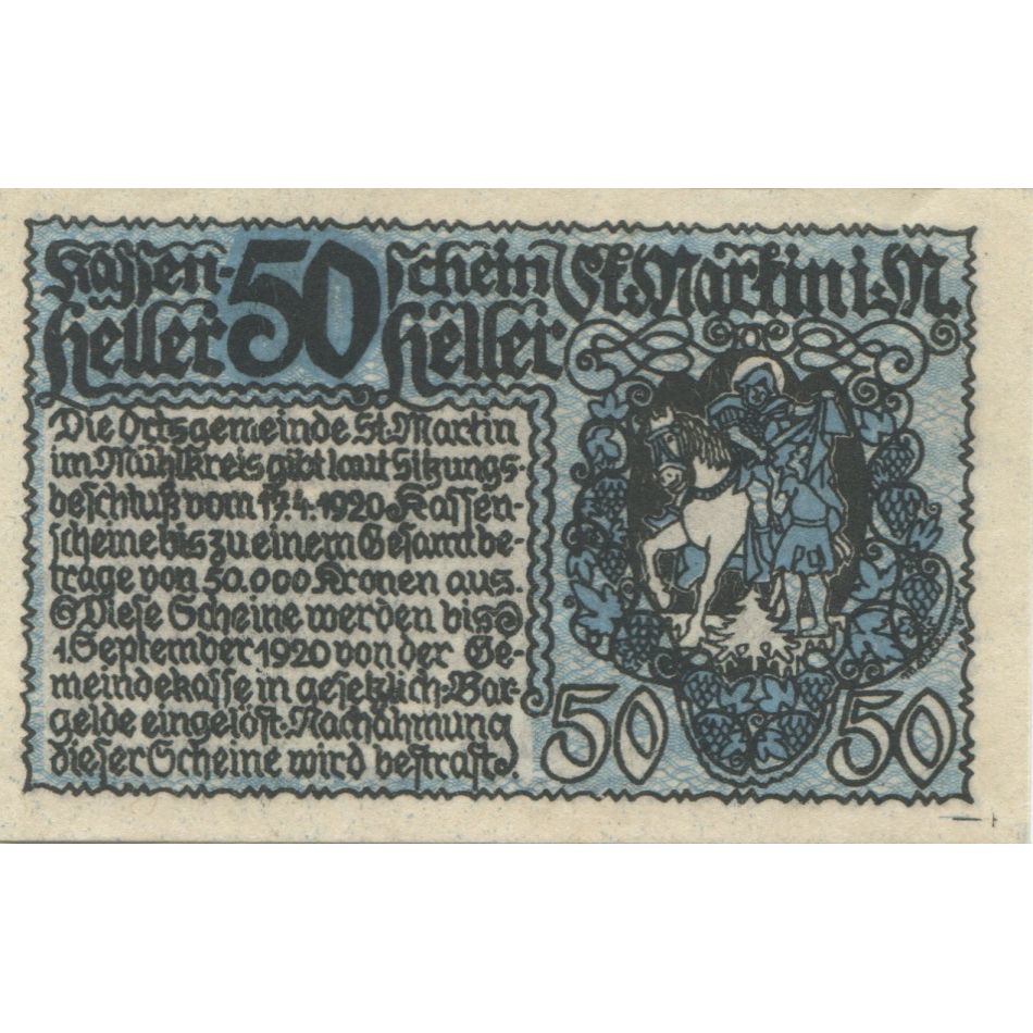 Billete, Austria, St Martin, 50 Heller, Eglise 1920-09-01, SC, Mehl:FS 912b