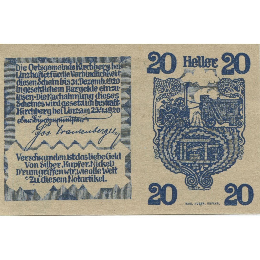 Billete, Austria, Kirchberg, 20 Heller, village 1920-12-31, SC, Mehl:FS 443b