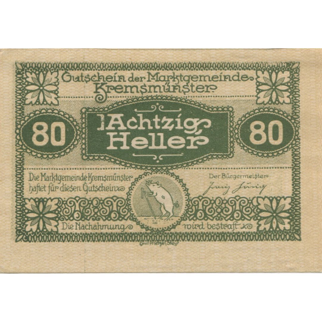 Billete, Austria, Kremsmunster, 80 Heller, cochon 1920-12-31, SC, Mehl:FS 476