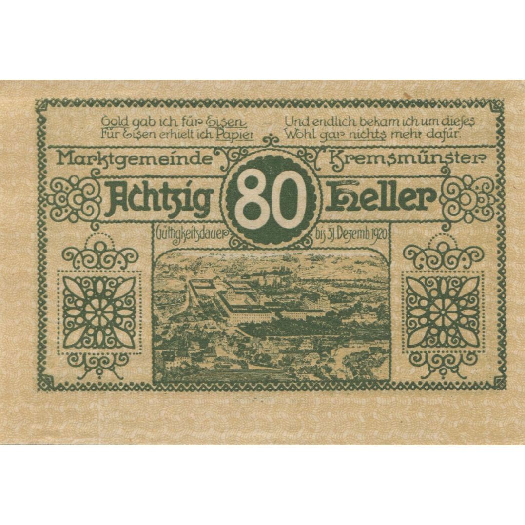 Billete, Austria, Kremsmunster, 80 Heller, cochon 1920-12-31, SC, Mehl:FS 476
