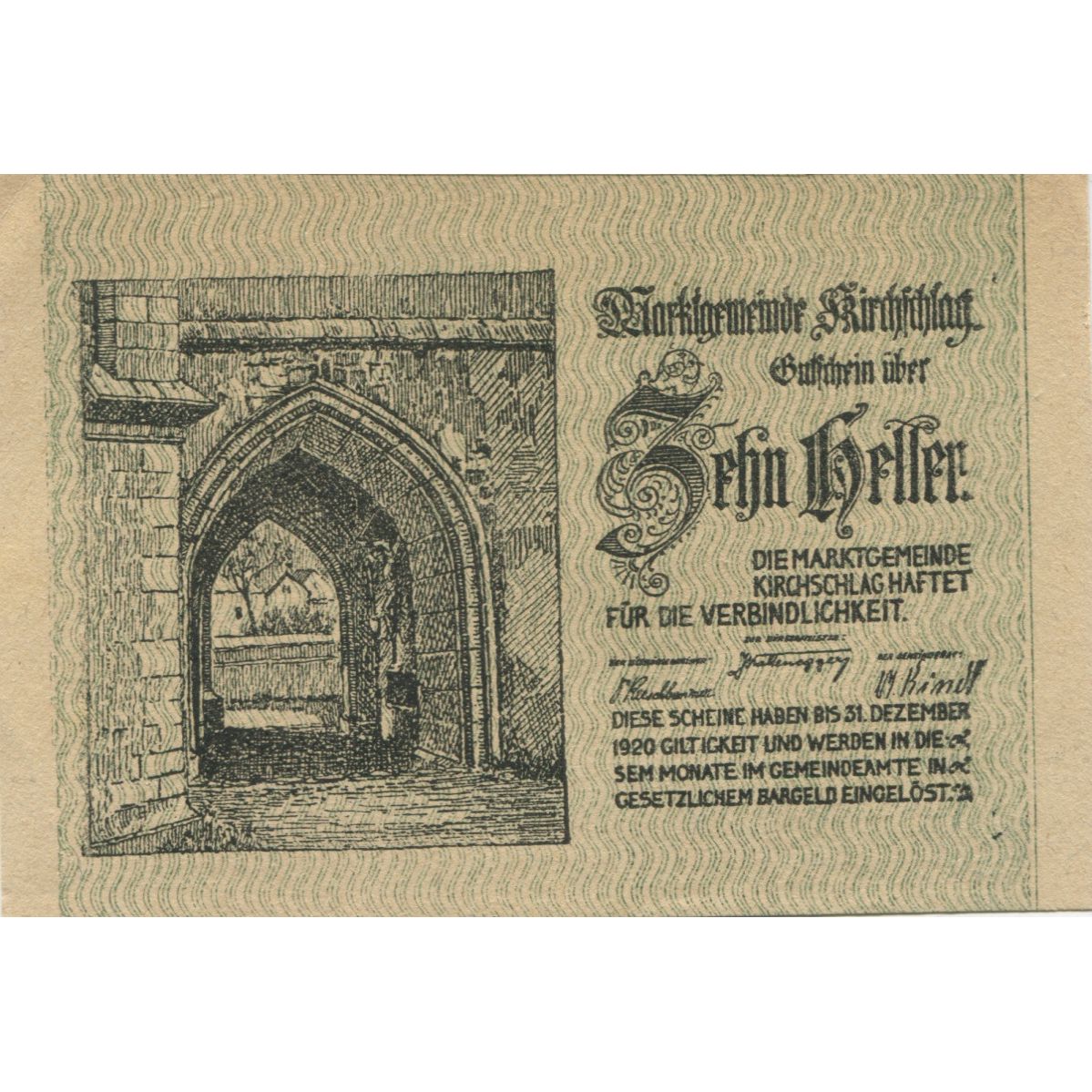 Billete, Austria, Kirchschlag, 10 Heller, porte 1920-12-31, SC, Mehl:FS 448a