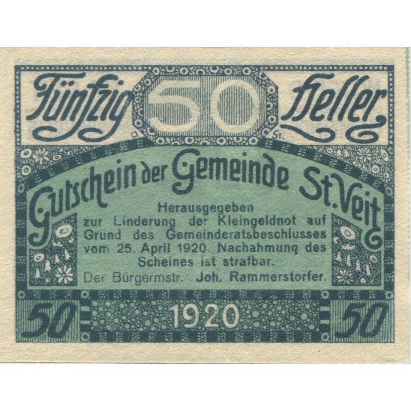 Billete, Austria, St Veit, 50 Heller, Eglise, 1920, 1920-12-31, SC, Mehl:FS 944b