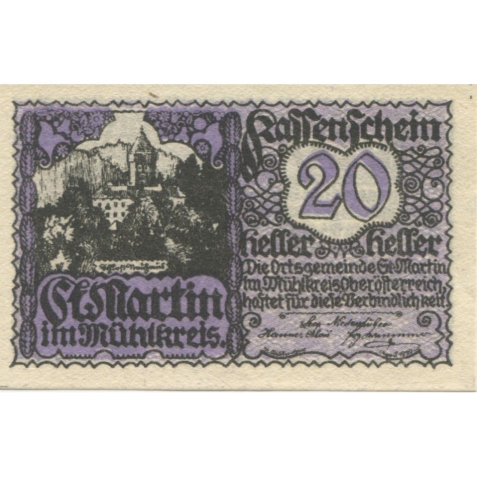 Billete, Austria, St Martin, 20 Heller, château 1920-09-01, SC, Mehl:FS 912
