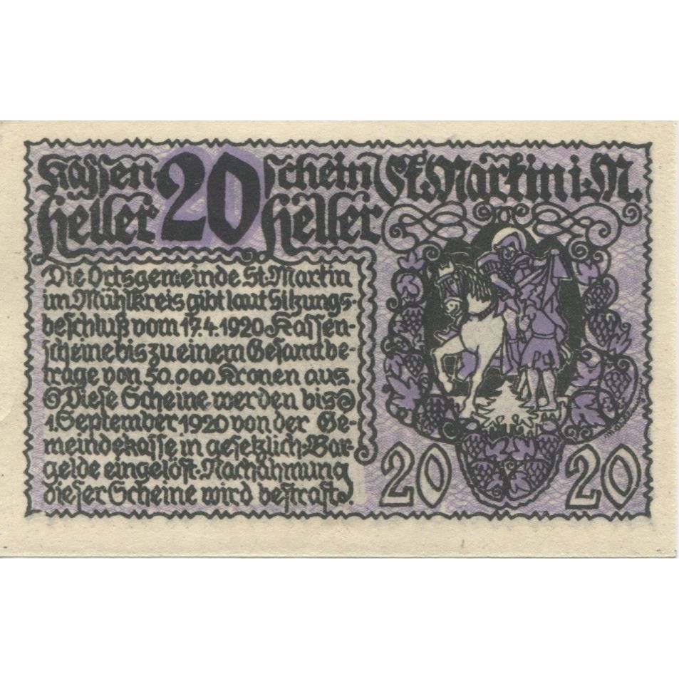Billete, Austria, St Martin, 20 Heller, château 1920-09-01, SC, Mehl:FS 912