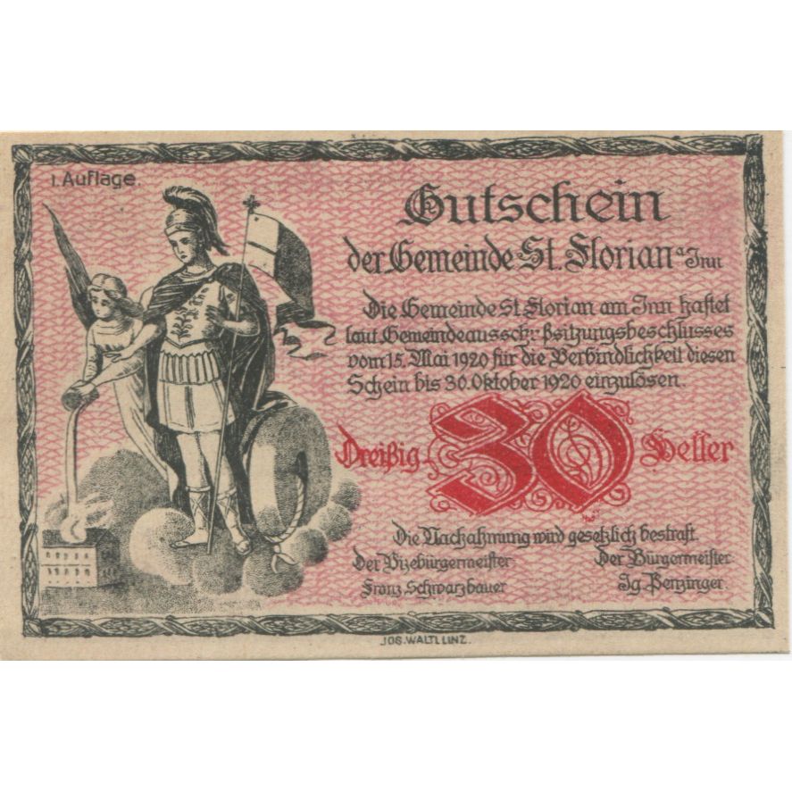 Billete, Austria, St Florian, 30 Heller, chevalier 1920-10-30, SC Mehl:FS 881a