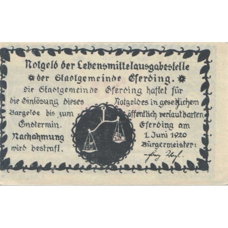 Billete, Austria, Eferding, 50 Heller, personnage, 1920 SC, Mehl:FS 152Va