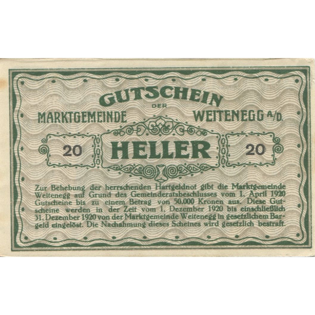 Billete, Austria, Weitenegg A/D, 20 Heller, paysage, 1920 SC Mehl:FS 1163b
