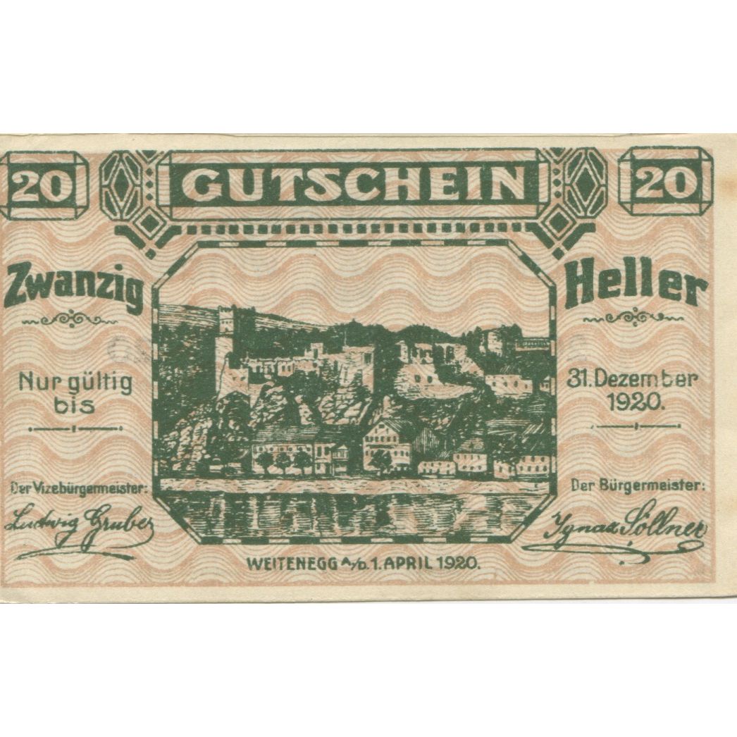 Billete, Austria, Weitenegg A/D, 20 Heller, paysage, 1920 SC Mehl:FS 1163b