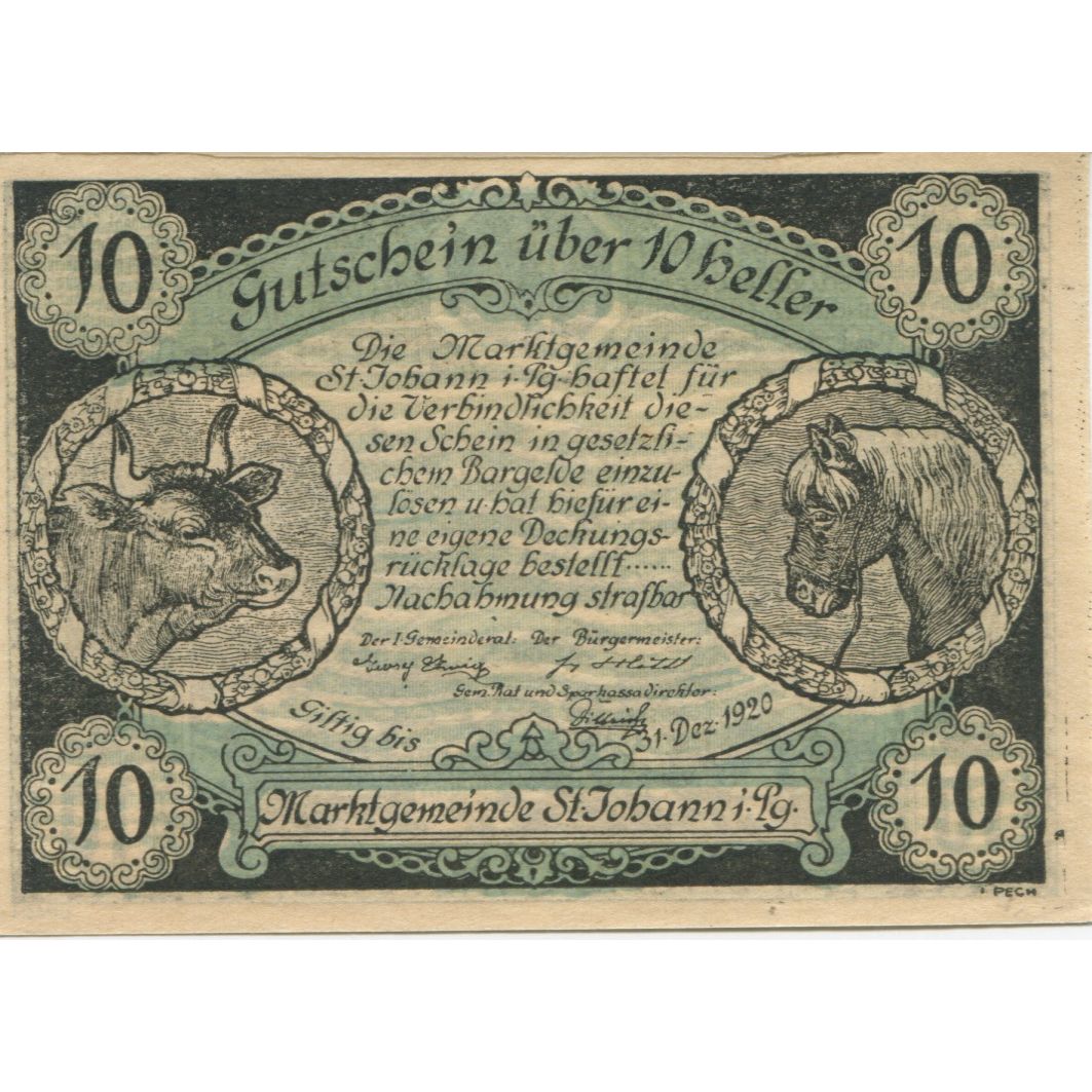 Billete, Austria, St Johann, 10 Heller, cheval 1920-12-31, SC, Mehl:FS 895a
