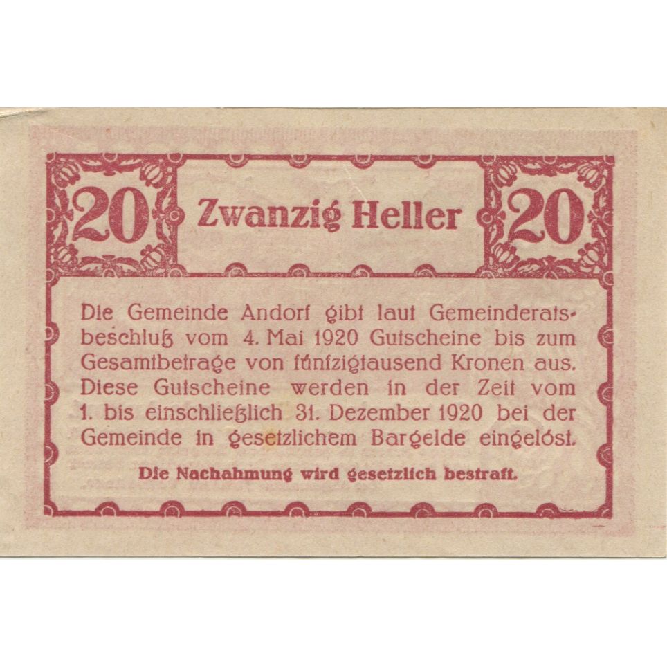 Billete, Austria, Andorf, 20 Heller, paysage, 1920, 1920-12-31, SC, Mehl:FS 40b