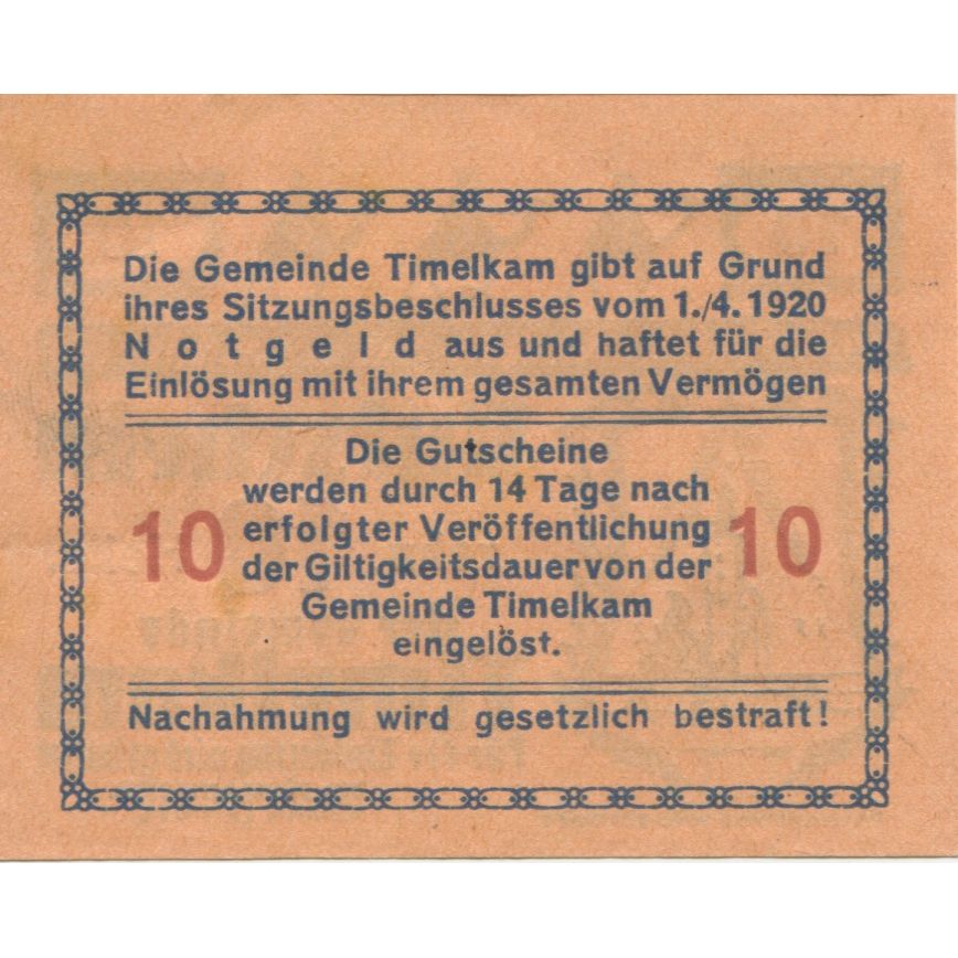 Billete, Austria, Timelkam, 10 Heller, Texte, 1920, SC, Mehl:FS 1072