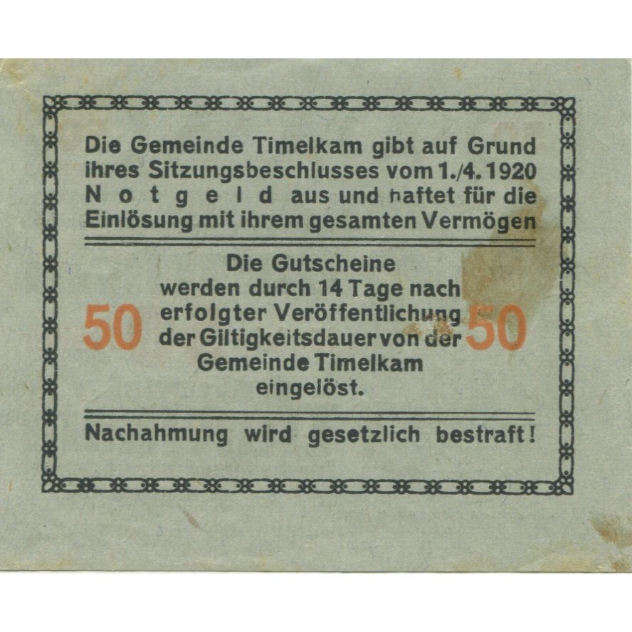 Billete, Austria, Timelkam, 50 Heller, Blason, 1920, SC, Mehl:FS 1072