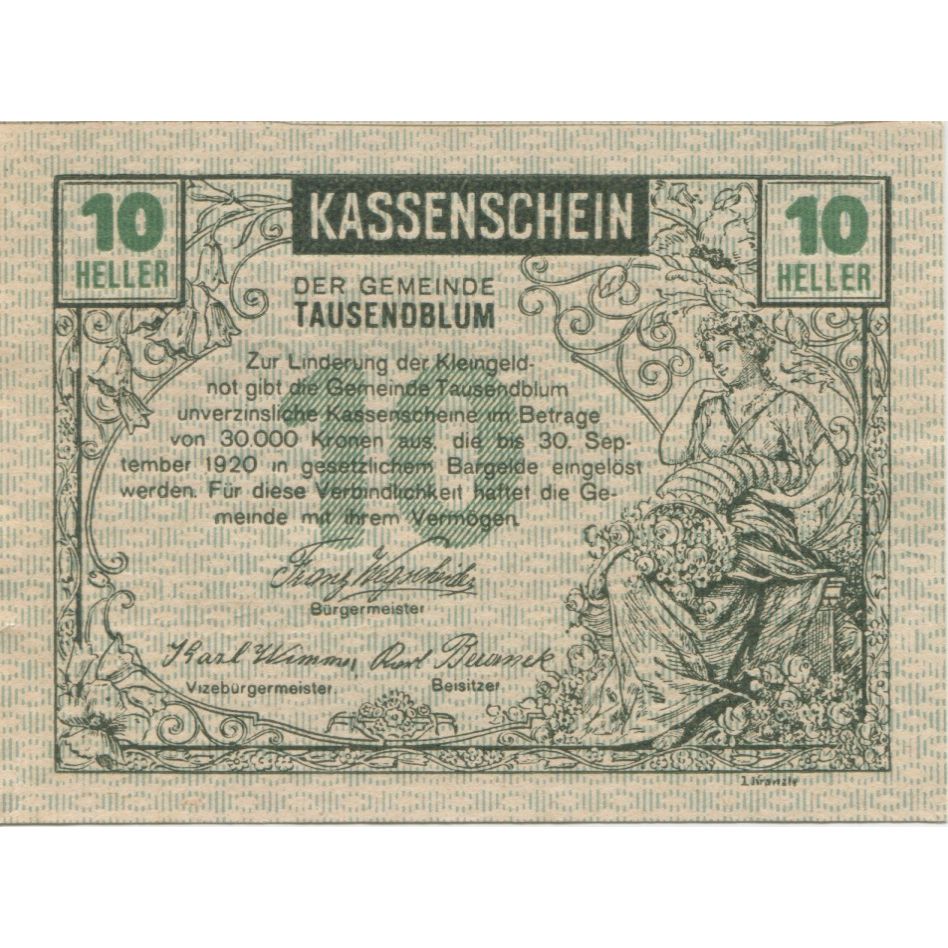 Billete, Austria, Tausendblum, 10 Heller, champs 1920-09-30, SC, Mehl:FS 1060
