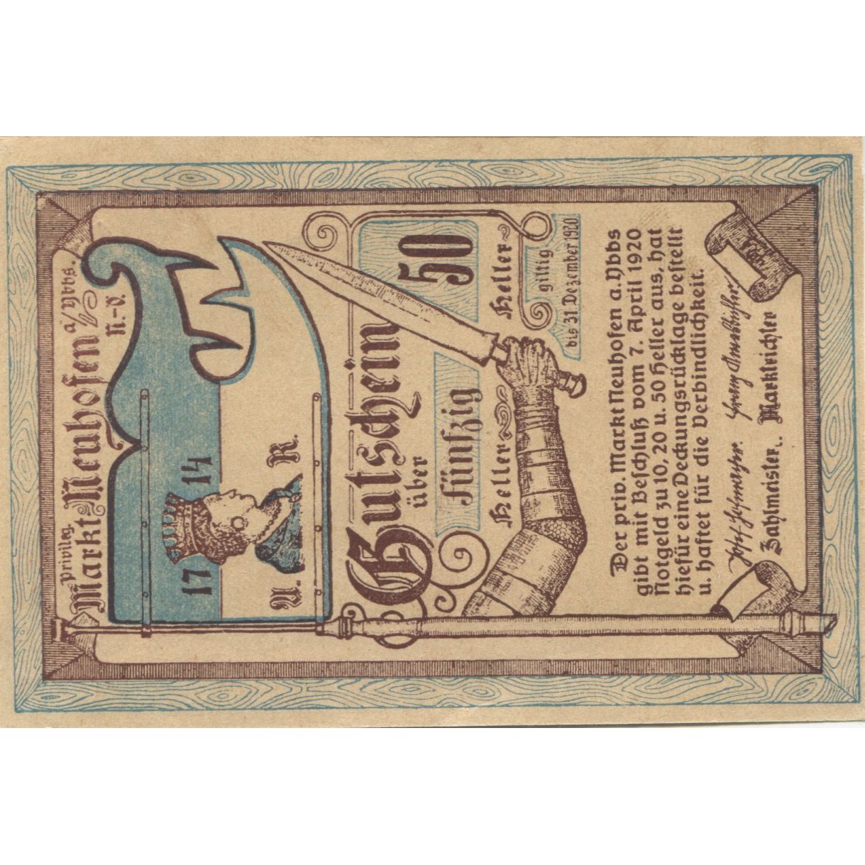 Billete, Austria, Neuhofen, 50 Heller, épée 1920-12-31, SC, Mehl:FS 651a