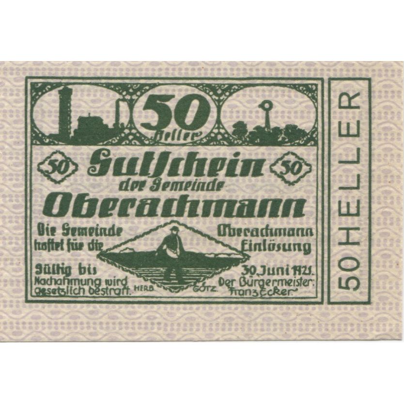 Billete, Austria, Oberachmann, 50 Heller, Usine 1921-06-30, SC, Mehl:FS 680a