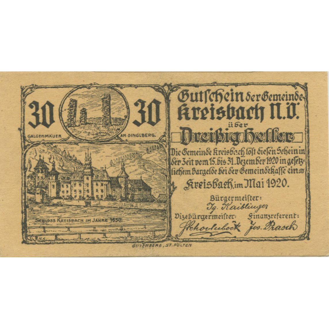 Billete, Austria, Wilhelmsburg, 30 Heller, château, 1920 SCMehl:FS 1235a